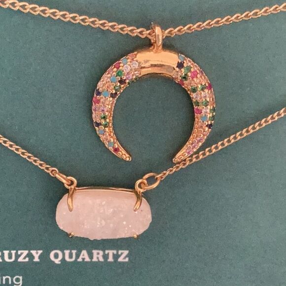 LUNA NORTE NIB NECKLACE SET BRASS GENUINE DRUZY QUARTZ POSITIVELY HEALING - Picture 2 of 6